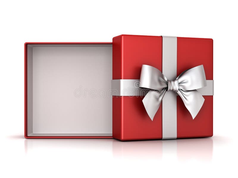 Open red gift box or present box with silver ribbon bow and empty space in the box on white background