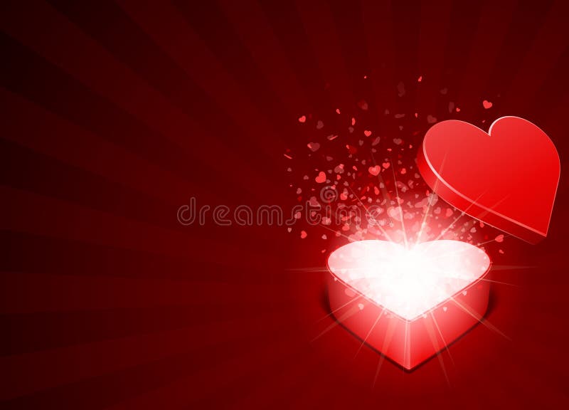 Open red gift present as heart with fly hearts