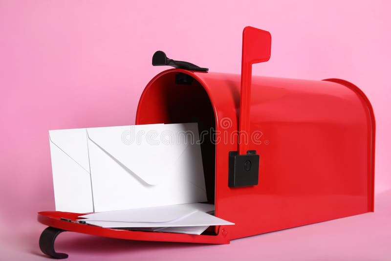 Open Red Letter Box with Envelopes Against Wooden Background. Space for