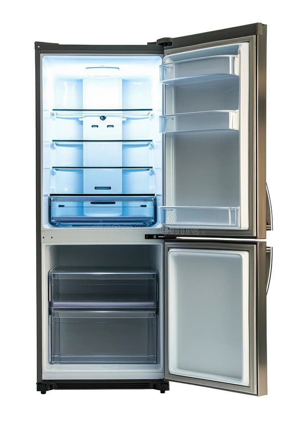 Open refrigerator freezer with door an image of a kitchen its isolated on white background vector illustration