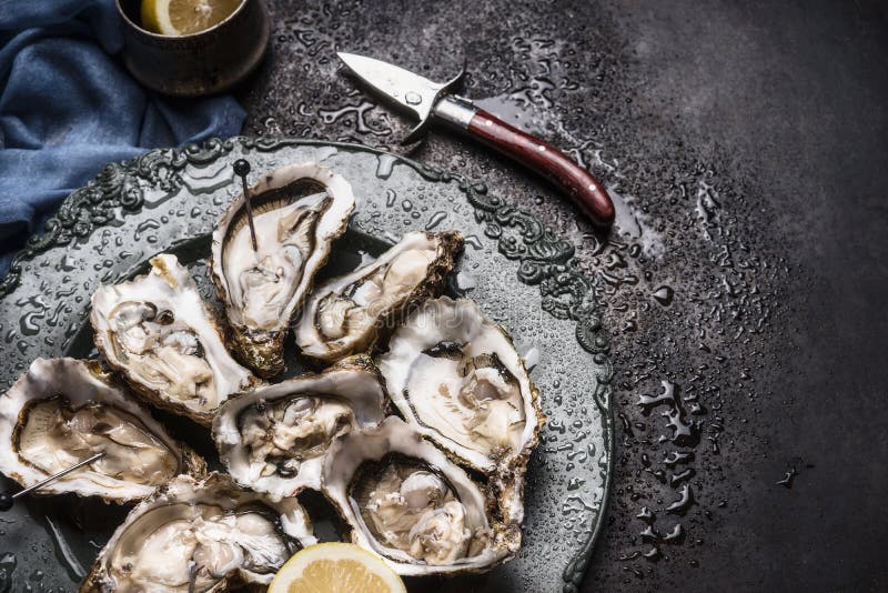 Open ruwe oesters op uitstekende plaat met citroen en oestersmes, donkere achtergrond, hoogste mening royalty-vrije stock foto's Open ruwe oesters op uitstekende plaat met citroen en oestersmes, donkere achtergrond, hoogste mening royalty-vrije stock foto's