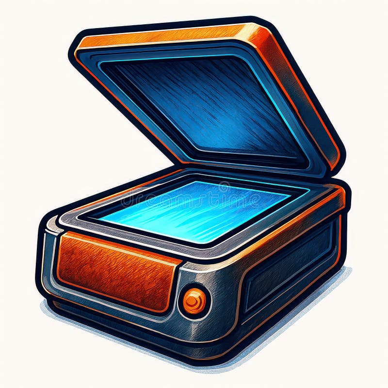 Open Scanner Icon With Blue Light and Orange Trim technology vector illustration