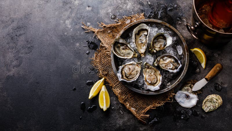 Open shucked nya ostron med citronen och Rose Wine royaltyfri fotografi Open shucked nya ostron med citronen och Rose Wine royaltyfri fotografi