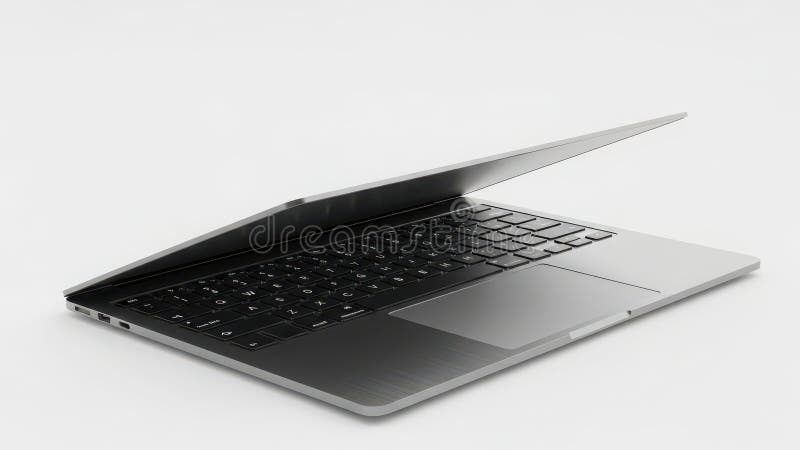 A sleek, silver laptop computer is shown from a side angle with its screen slightly open. The keyboard and trackpad are visible, rendered in dark gray and silver tones. The device has a thin profile and appears to be made of brushed metal. It is presented on a clean white background, highlighting its design and form. Laptop side angle illustrations