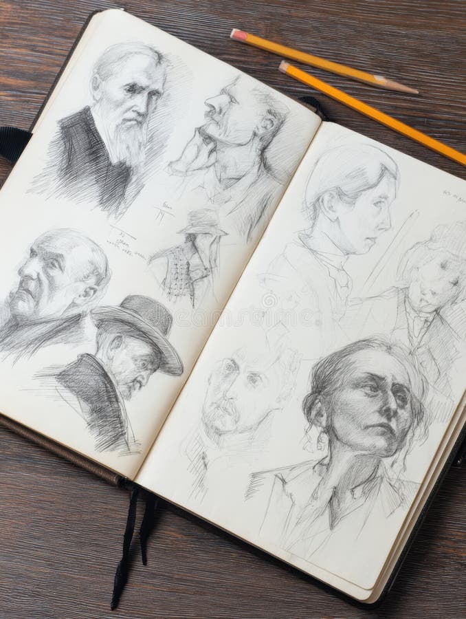Open Sketchbook Displaying Various Unfinished Graphite Drawings With Portraits and Figure Studies From an Artists