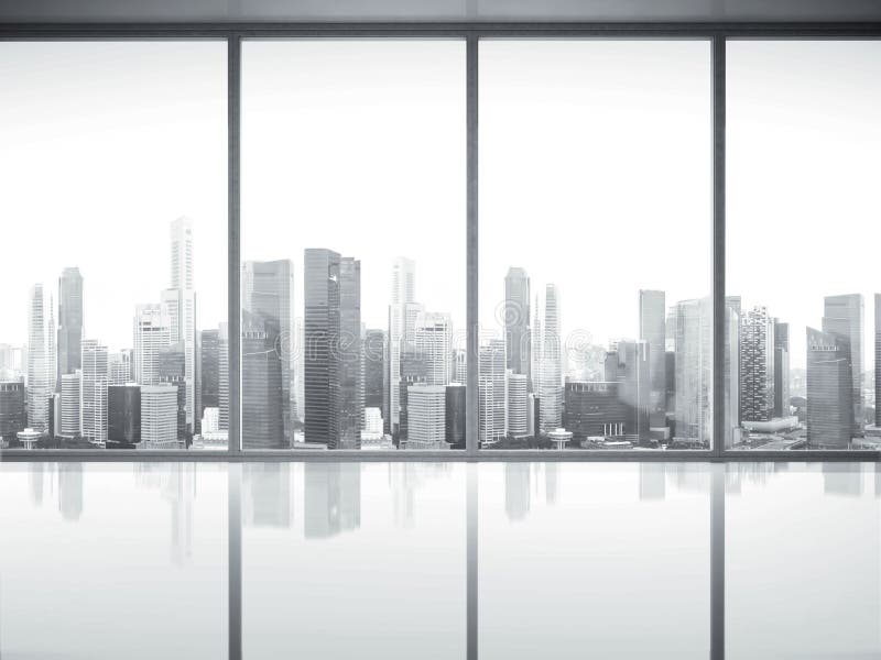 Open space interior with large windows. 3d render vector illustration