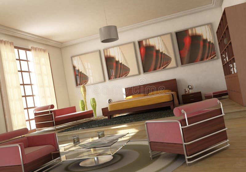 Open space modern bedroom living-room stock illustration