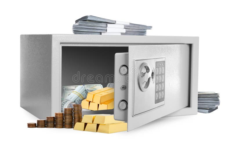 Open Steel Safe with Money and Gold Bars on White Background Stock