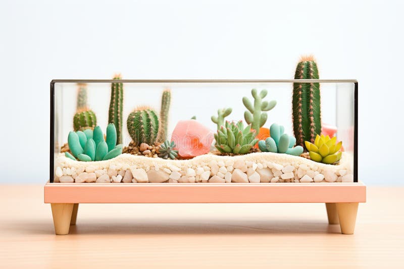 An open terrarium with tiny cacti lined up in sand royalty free stock photography