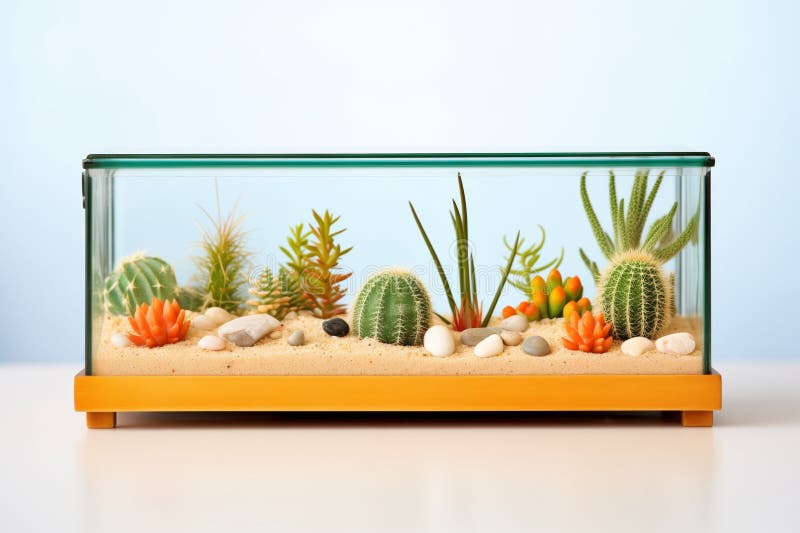 An open terrarium with tiny cacti lined up in sand stock photo