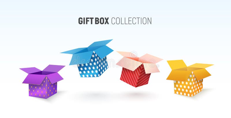 Open textured gift box collection. Isolated vector colorful giftboxes on white background