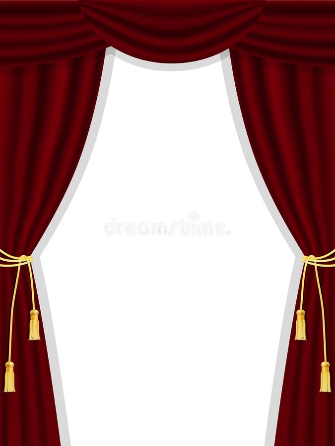 Open red theatre curtains with cord tie back and tassels. Open red theatre curtains with cord tie back and tassels