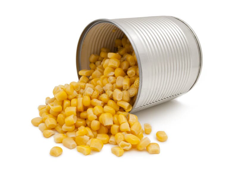 Open tin can of corn, isolated.