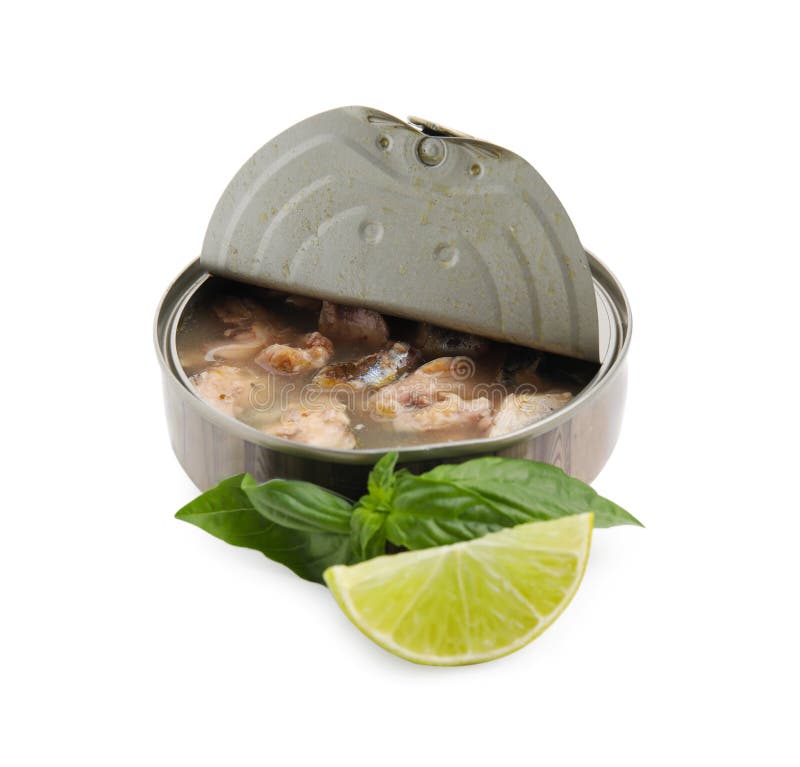 Open Tin Can with Mackerel Chunks, Lime and Basil on White Background Stock Image Image of