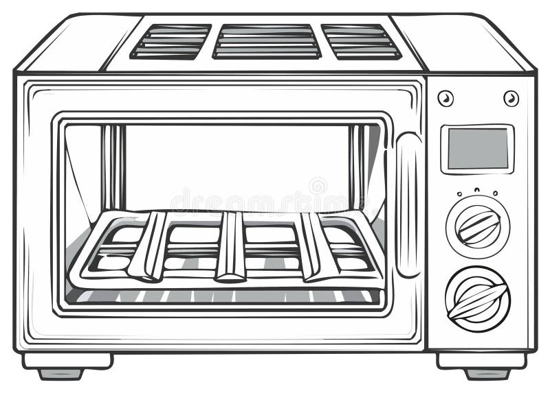 Open toaster oven with rack inside and control knobs and display vector illustration