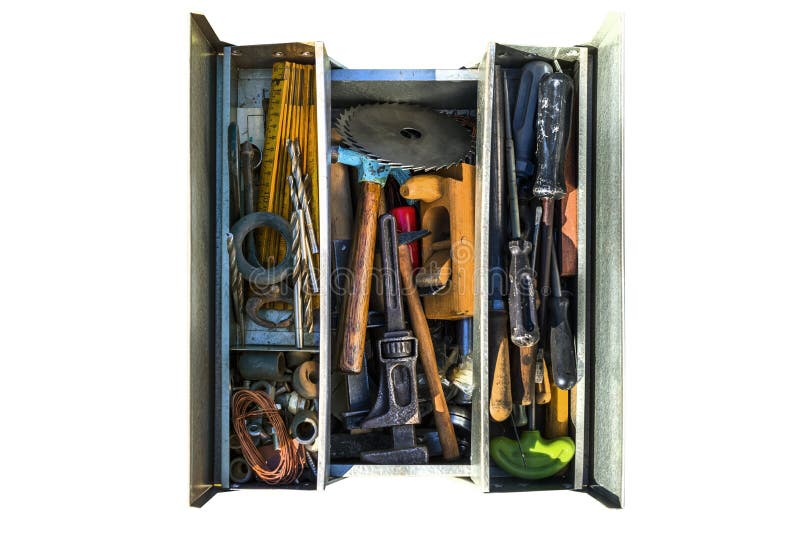 An open tool box with various old tools visible from above, isolated on a white background with a clipping path.