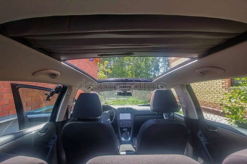 Open Top, Soft Fabric Panoramic Roof of the Car. Inside View Stock