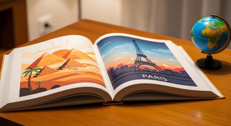 Open travel book with pyramids and Eiffel Tower illustrations, next to a globe, symbolizing vacation planning and exploration stock illustration