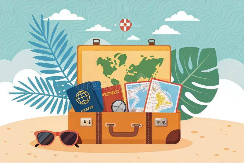 Open travel suitcase with exotic destination inside -- generated by ai stock illustration