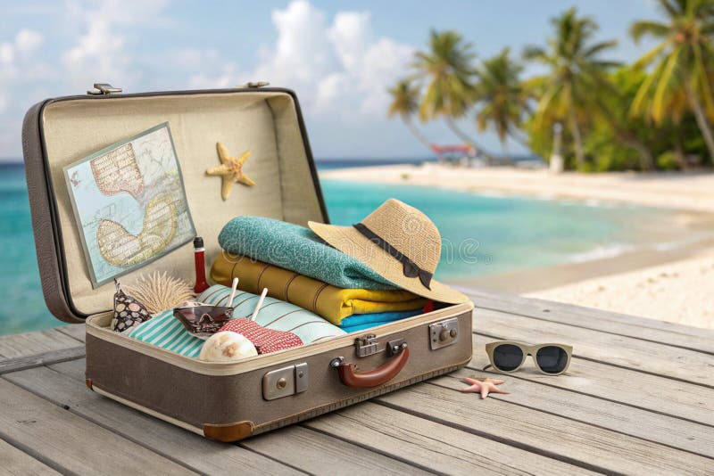 Open travel suitcase with exotic destination inside -- generated by ai stock illustration