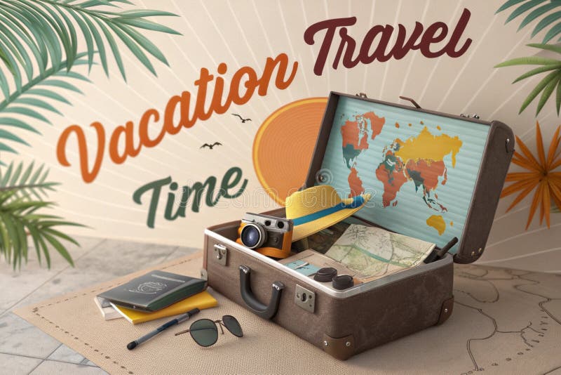 Open travel suitcase with exotic destination inside -- generated by ai stock illustration