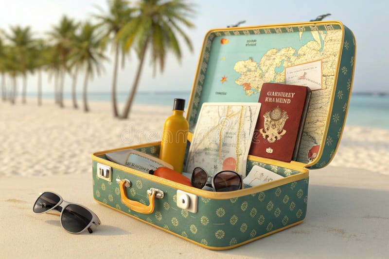 Open travel suitcase with exotic destination inside -- generated by ai vector illustration