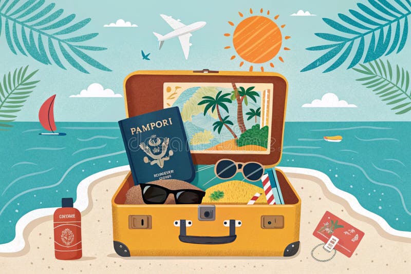 Open travel suitcase with exotic destination inside -- generated by ai stock illustration
