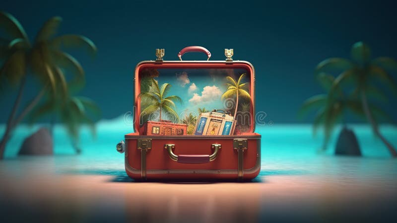 Open travel suitcase with exotic destination inside Generative AI royalty free illustration