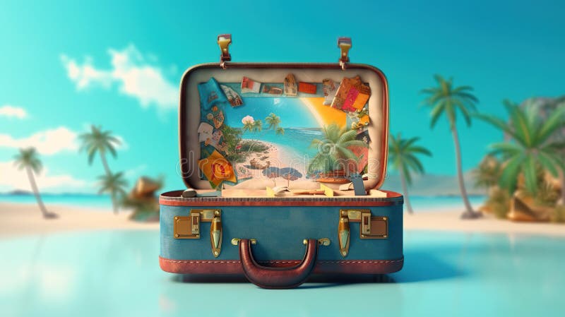 Open travel suitcase with exotic destination inside Generative AI stock illustration