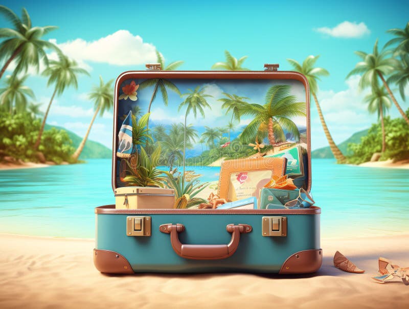 An open travel suitcase with an exotic destination inside. vector illustration