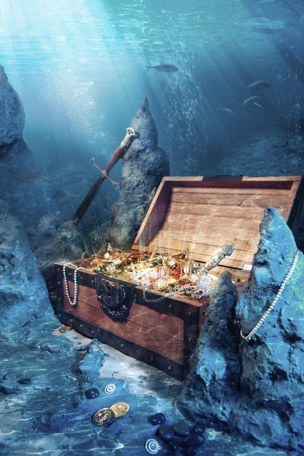 Open treasure chest with bright gold underwater
