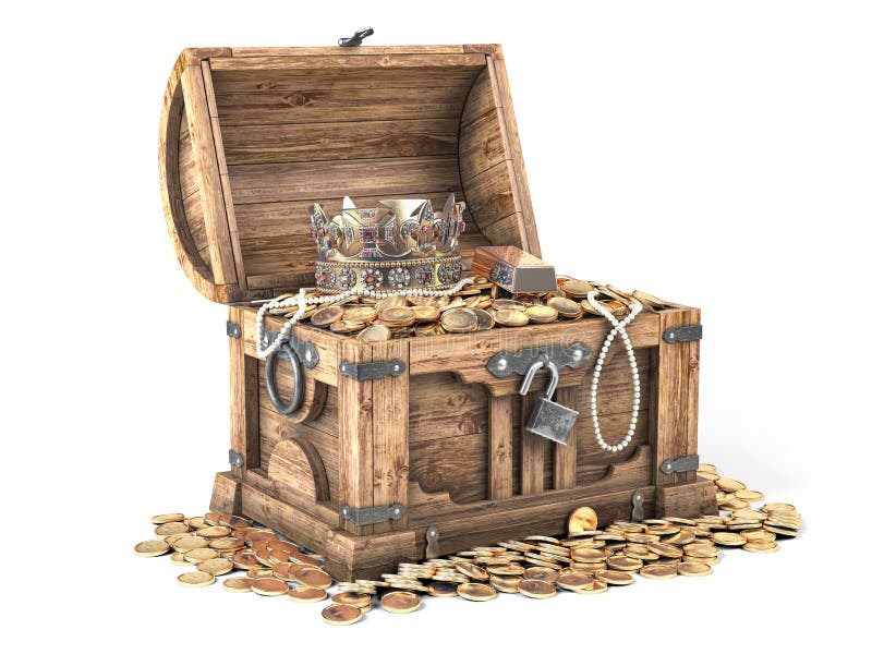 Open treasure chest filled with golden coins, gold and jewelry isolated on white background vector illustration