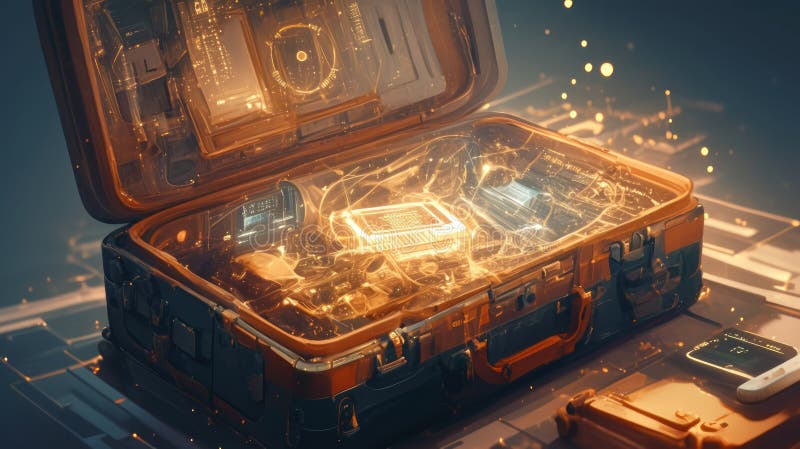 An open vintage suitcase with a glowing microprocessor inside, symbolizing technological advancement stock illustration