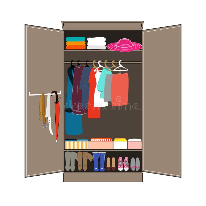 Open Wardrobe with Tidy Clothes. Home Interior. Flat Design Vector ...