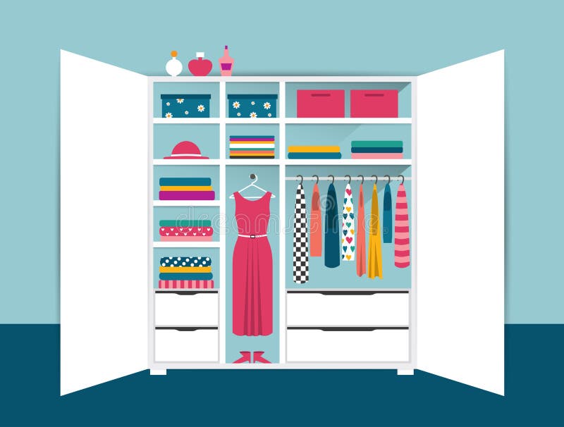 Open wardrobe. White closet with tidy clothes, shirts, sweaters, boxes and shoes. Home interior. royalty free illustration Open wardrobe. White closet with tidy clothes, shirts, sweaters, boxes and shoes. Home interior. royalty free illustration