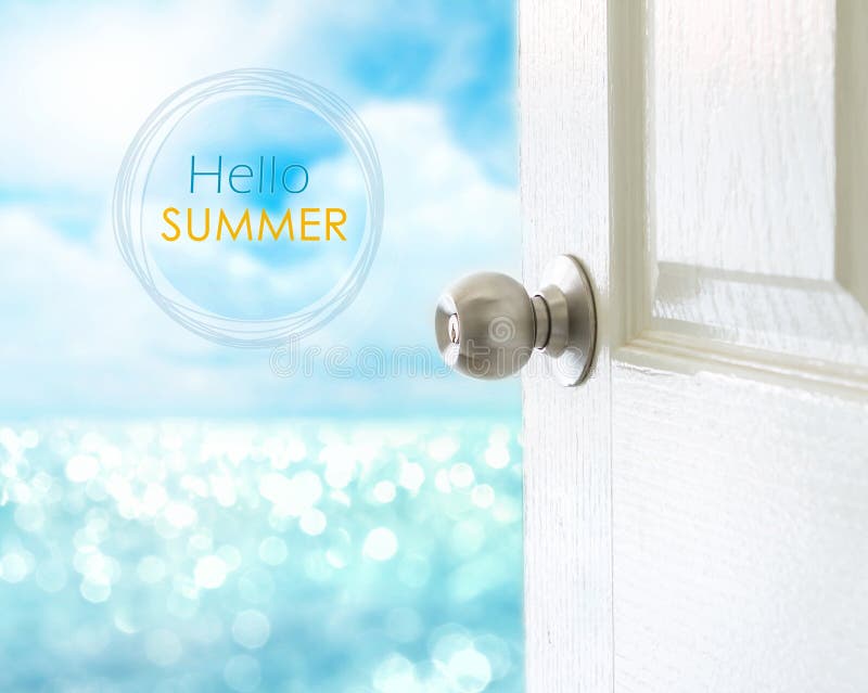 Open white door to sea view for Hello Summer concept.
