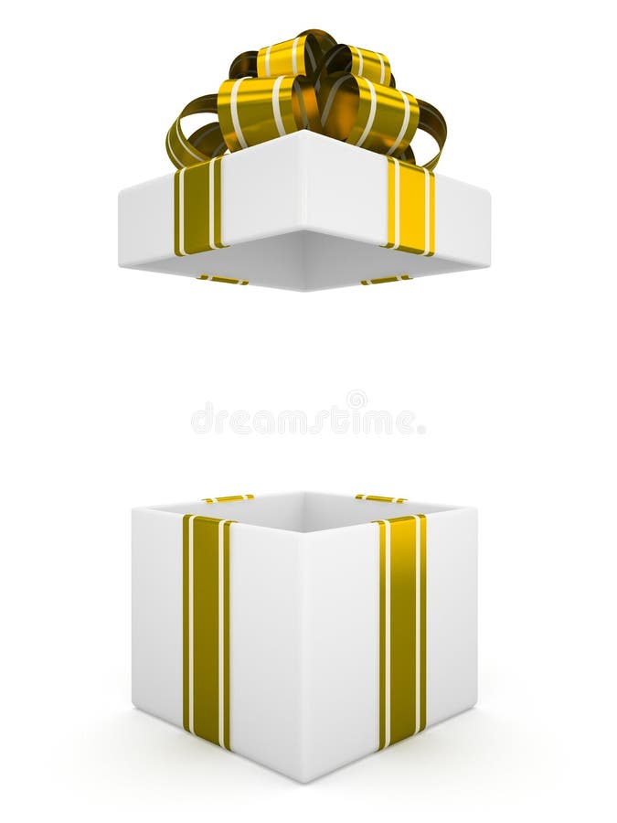 Open White Gift Box with Gold Bow Isolated on White Background 3 Stock