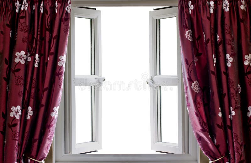 Open window and curtains with a blank view stock photo