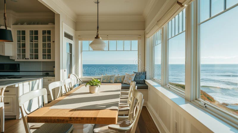 Open window for a home which have daylight and saving energy dining table arrangements. Generative Ai stock illustration