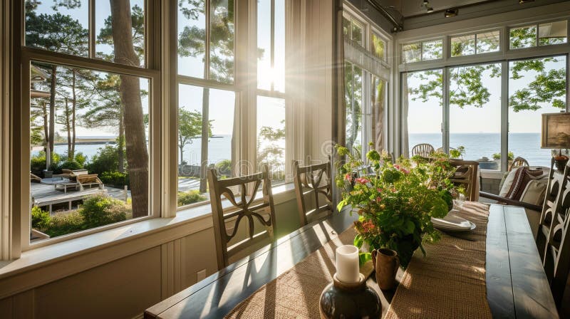 Open window for a home which have daylight and saving energy dining table arrangements. Generative Ai royalty free illustration