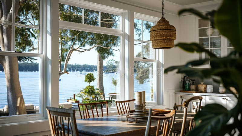 Open window for a home which have daylight and saving energy dining table arrangements. Generative Ai royalty free illustration