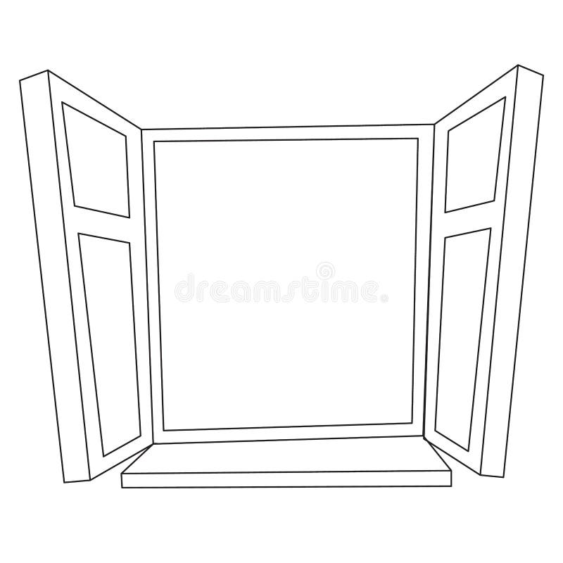 Open Window, Outline Drawing, Coloring, Isolated Object On A White Background, Vector