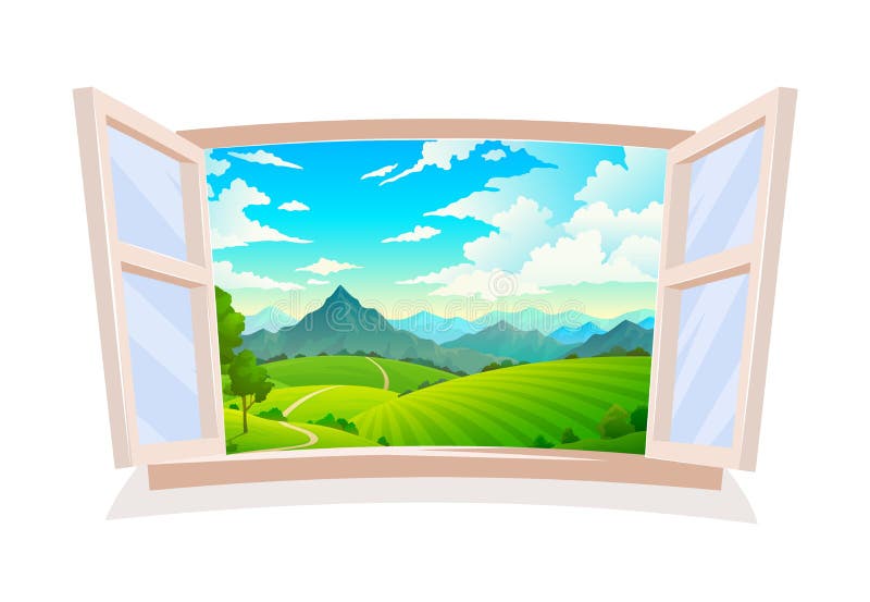 Open window. View from wooden window on landscape, sunny day scene, hill field and mountain, land and cloudy sky, wild