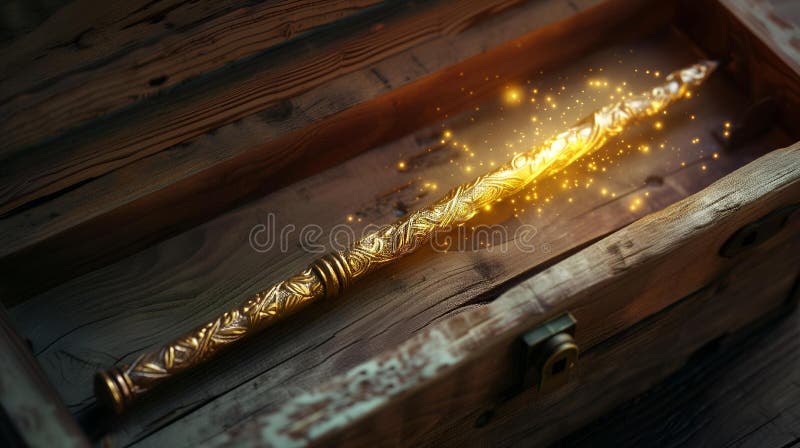 An open wooden box illuminated with warm golden light coming from a magical wand, AI-generated.