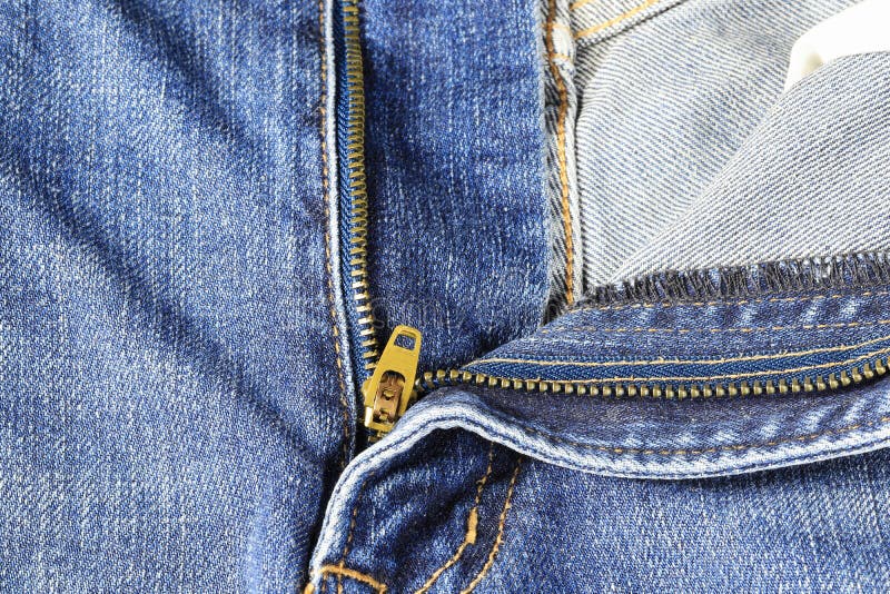 The Open Zipper of Blue Denim Jeans Open, Closeup View of Blue Jeans ...