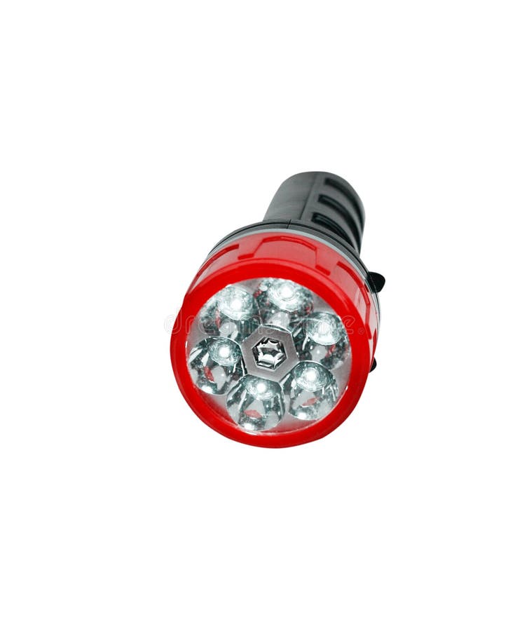 Open zwart plastic flitslicht met rode die rand in horizontaal op witte achtergrond met het knippen van weg wordt geïsoleerd stock foto Open zwart plastic flitslicht met rode die rand in horizontaal op witte achtergrond met het knippen van weg wordt geïsoleerd stock foto
