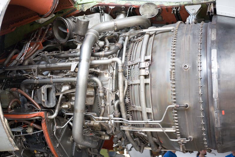 Opened aircraft engine in the hangar