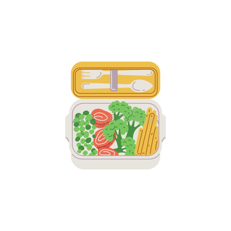 Opened bento box with food, vector cartoon lunchbox with vegetables and meat, plastic container with lid, fork and spoon stock illustration