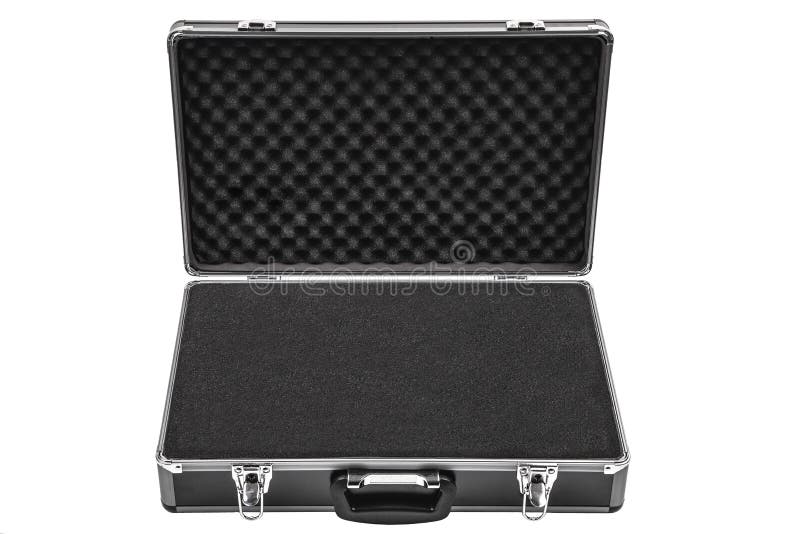 Opened black padded aluminum briefcase case with metal corners isolated on white