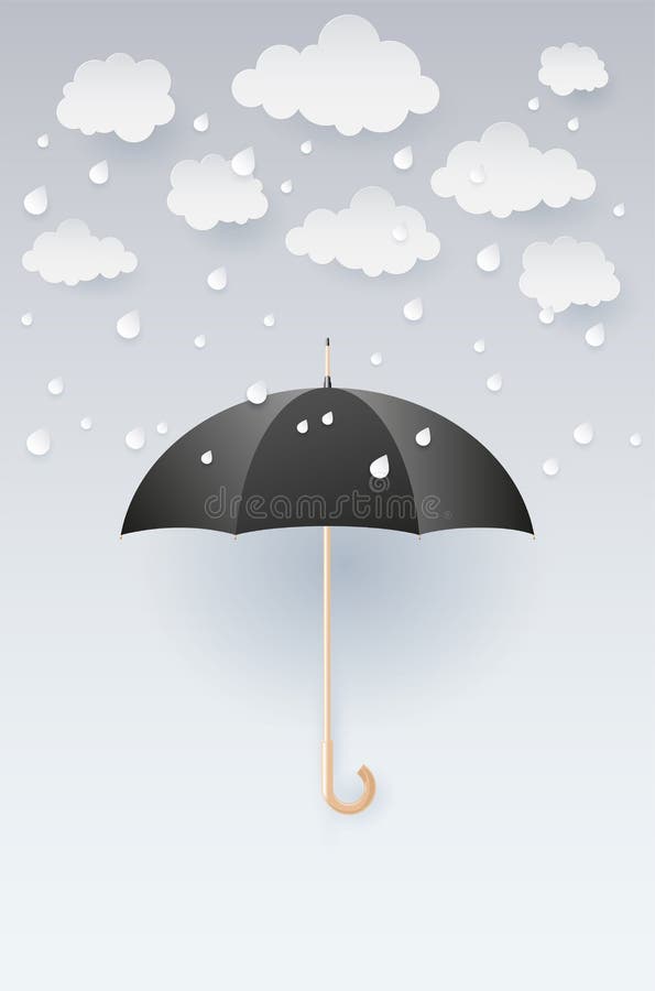 Opened Black Umbrella and Abstract Clouds with Rain Drops Stock Vector